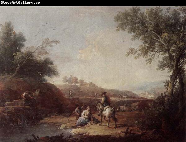 Giuseppe Zais An italianate landscape with fishermen and travellers resting beside a pool